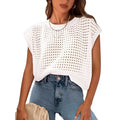 White women's loose fit pullover sweater with detailed crochet cover sleeves on a round neck.