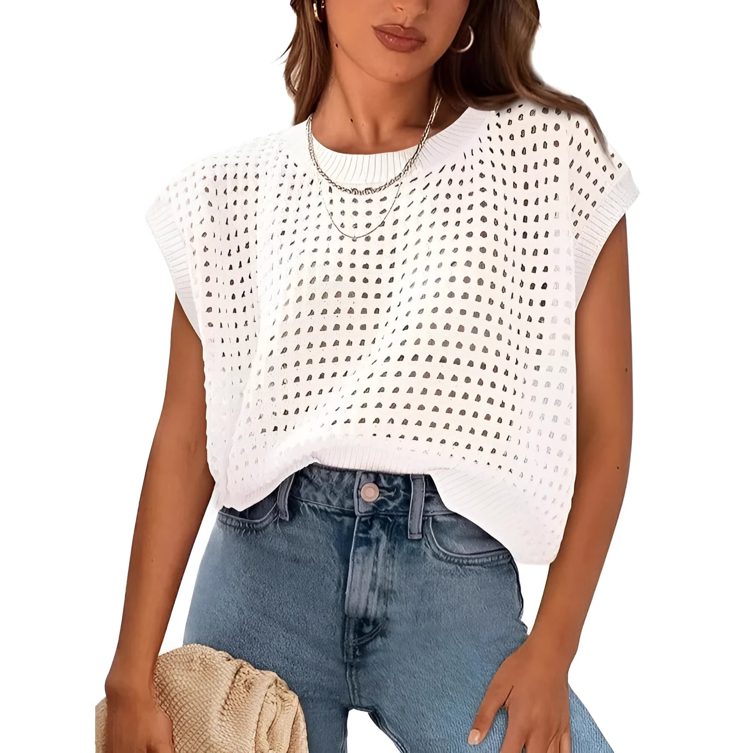 White women's loose fit pullover sweater with detailed crochet cover sleeves on a round neck.
