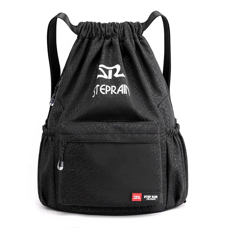 Lightweight solid colour Oxford cloth backpack with drawstring closure and double shoulder straps.