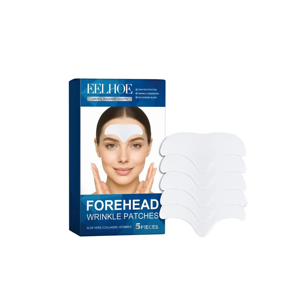 Forehead skincare patches with hyaluronic acid and collagen in five-piece pack