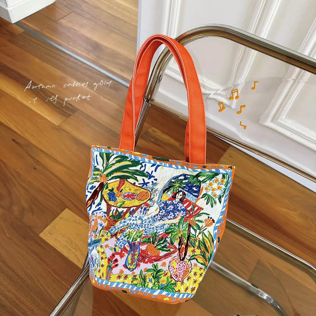 Dream Garden orange plush canvas women's bucket bag with double shoulder straps and printed letter details