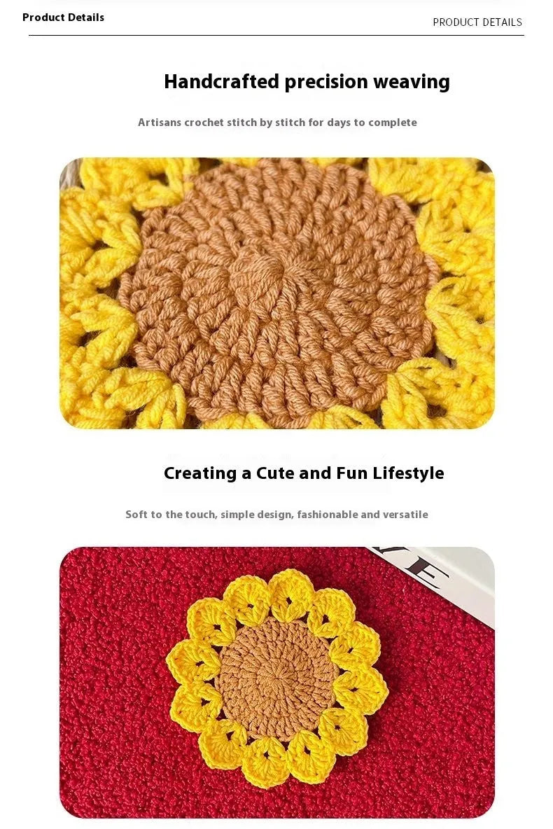 Hand-woven wool flower coaster with floral design, 15cm in diameter.