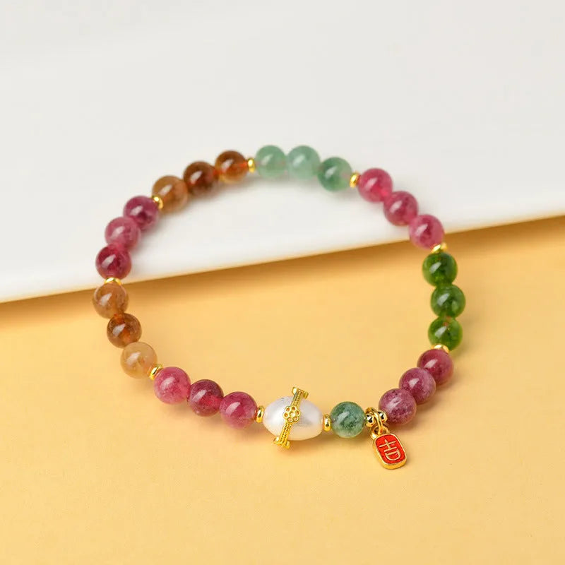 Geometric chalcedony bracelet with tourmaline accents, 6.5mm bead diameter, unisex natural crystal jewellery