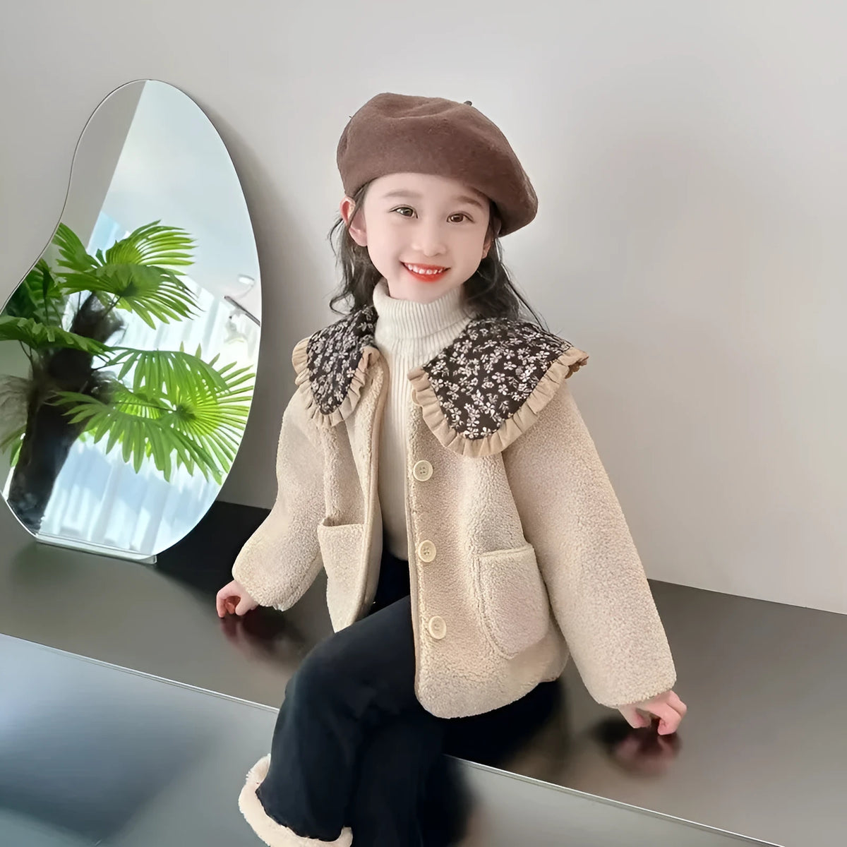 Mori style girls' fleece-lined khaki coat with long sleeves for winter, available in heights 80-140cm