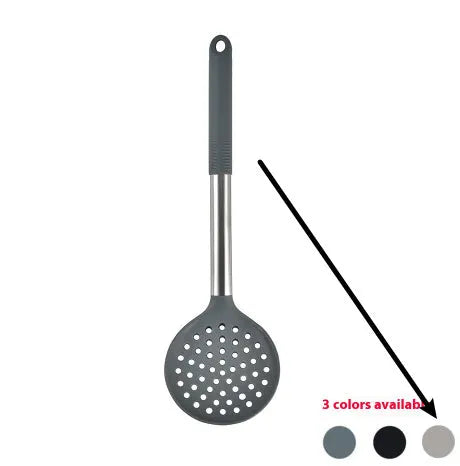 Black silicone kitchen utensil set with 12 tools in a rotating storage bucket on a kitchen countertop
