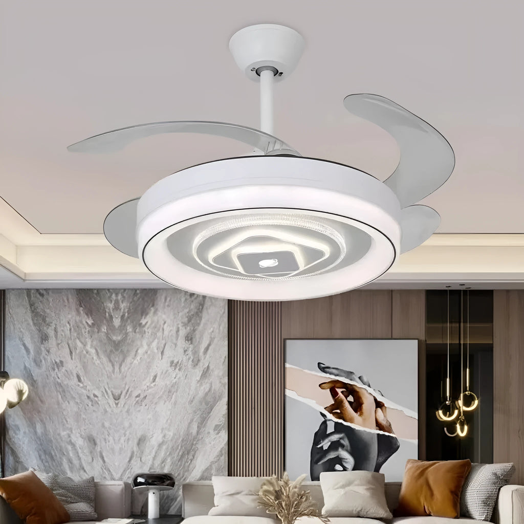 Nordic style ceiling fan light with invisible blades in a modern room setting.