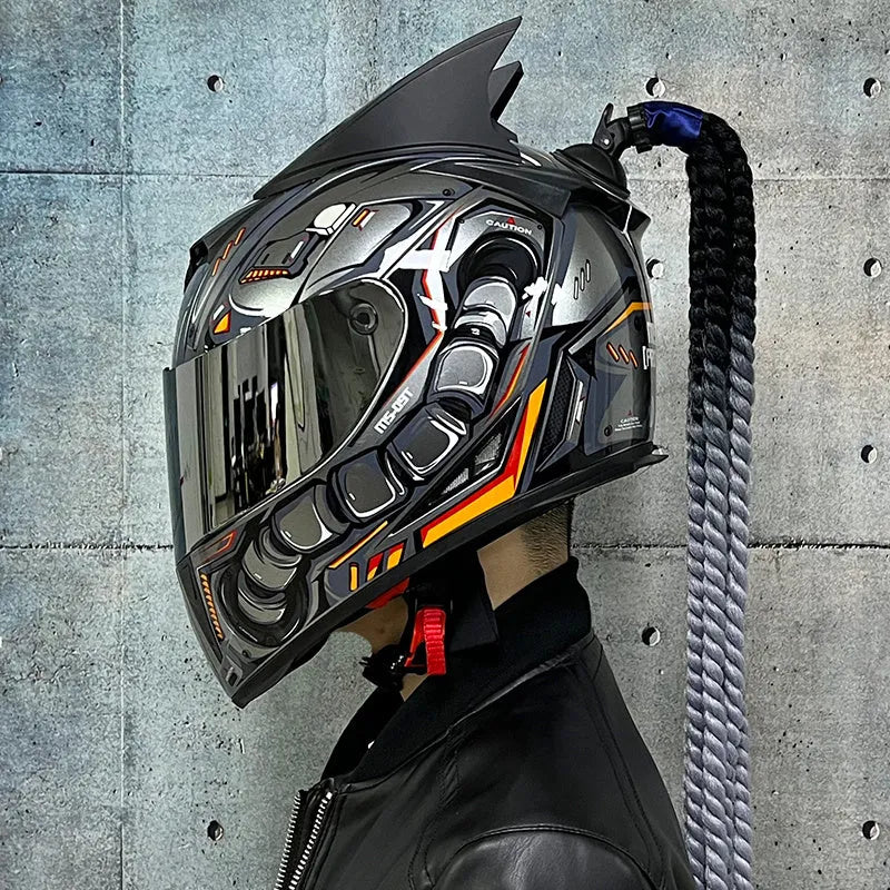 Dirty Braids pattern full face motorcycle helmet in ABS on a white background.