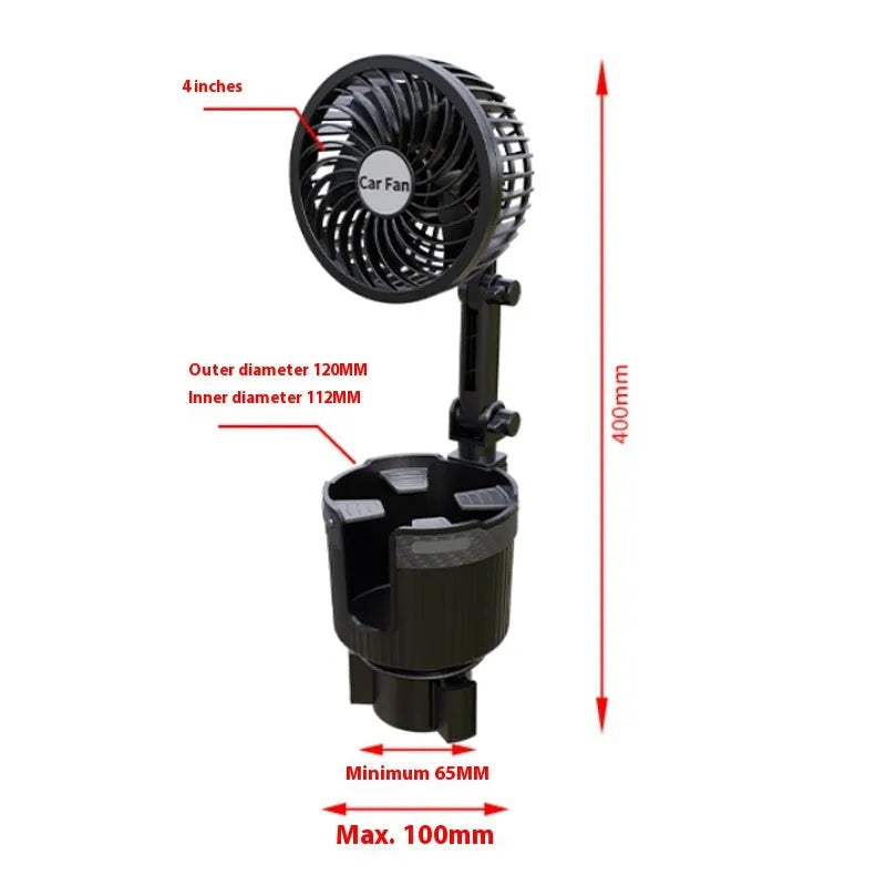 ABS plastic car cup holder fan showing 4-inch and 6-inch size options with 12V, 24V, and USB power plugs.