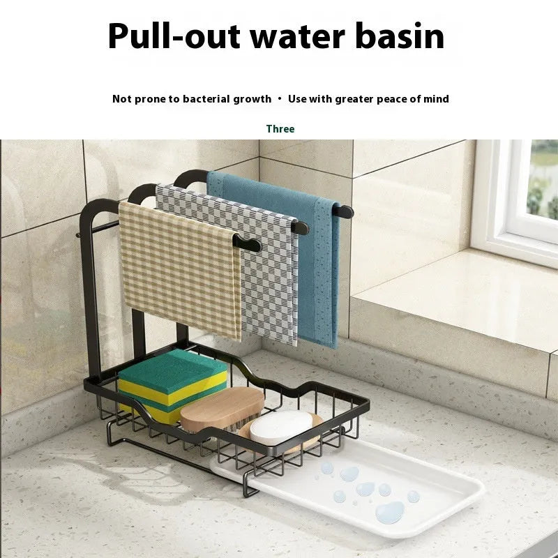 Foldable white plastic kitchen draining rack in a Chinese style, shown both mounted on a wall and standing on a countertop.