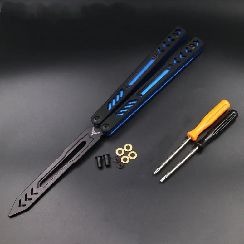 Unbladed aluminium butterfly knife trainer with G10 grip patches showing 25.5cm length and black finish