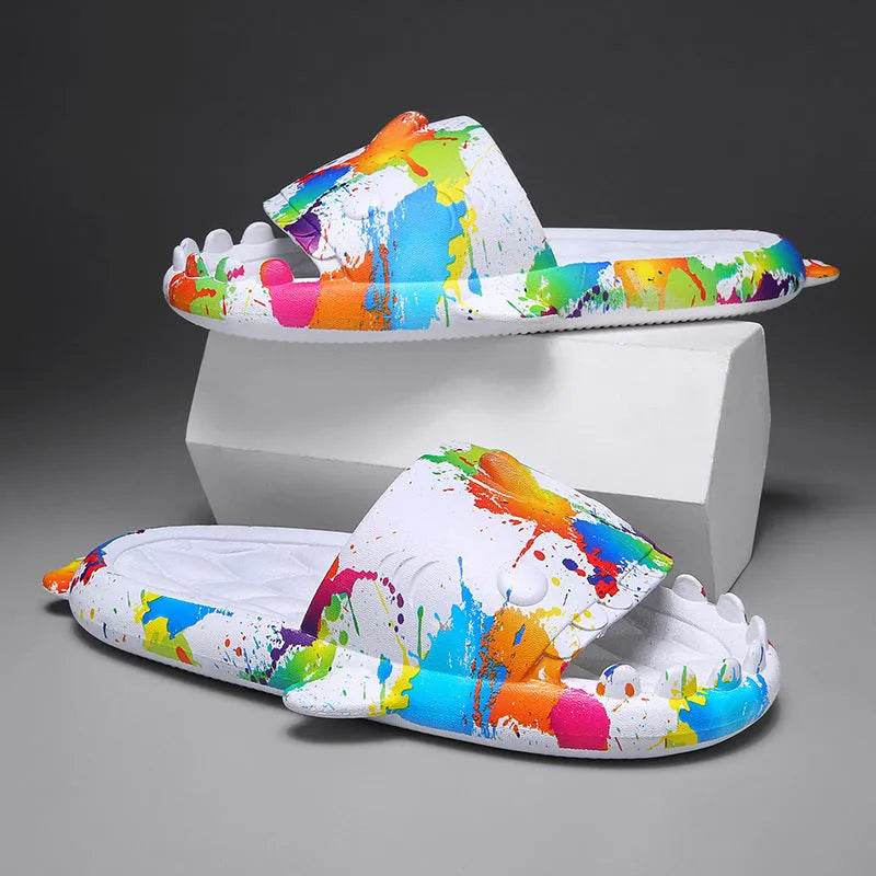 Shark-themed couple EVA slippers in open-toe style on a colour selection background.