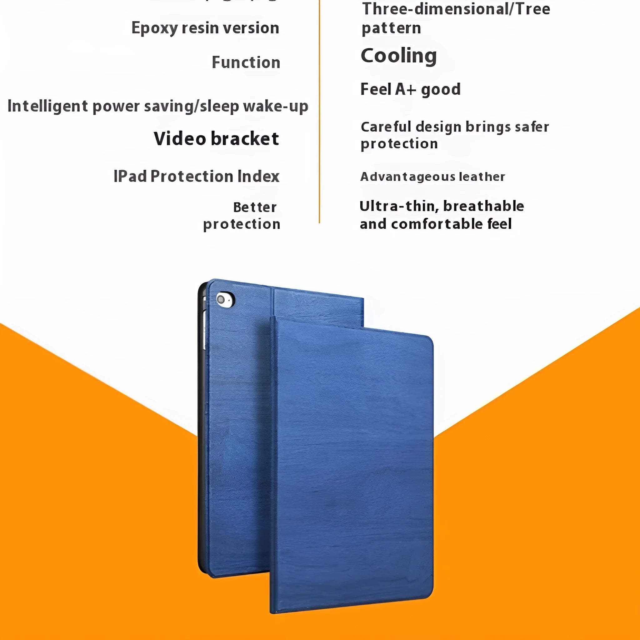 Sapphire blue imitation leather iPad cover with a built-in anti-fall bracket standing upright.