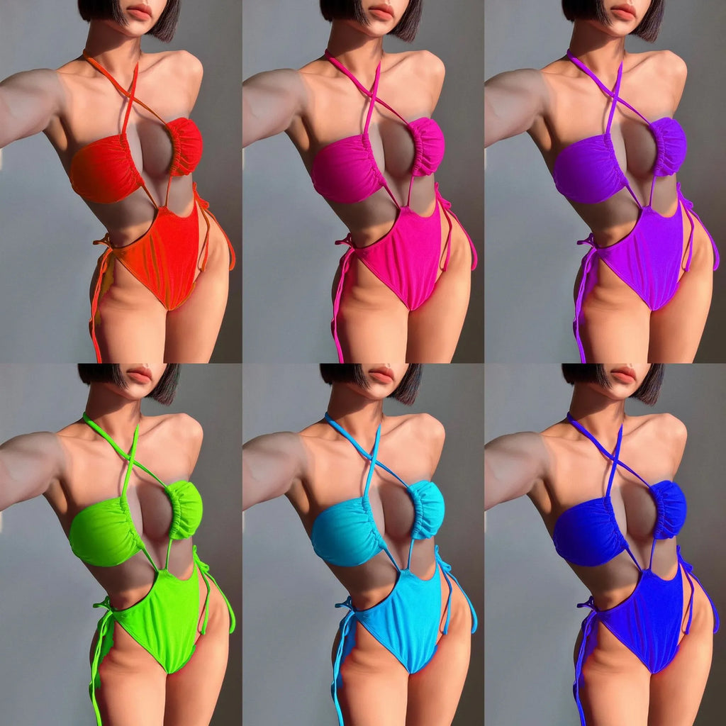 Women's adjustable drawstring one-piece swimsuit in nylon fabric showing front tie detail