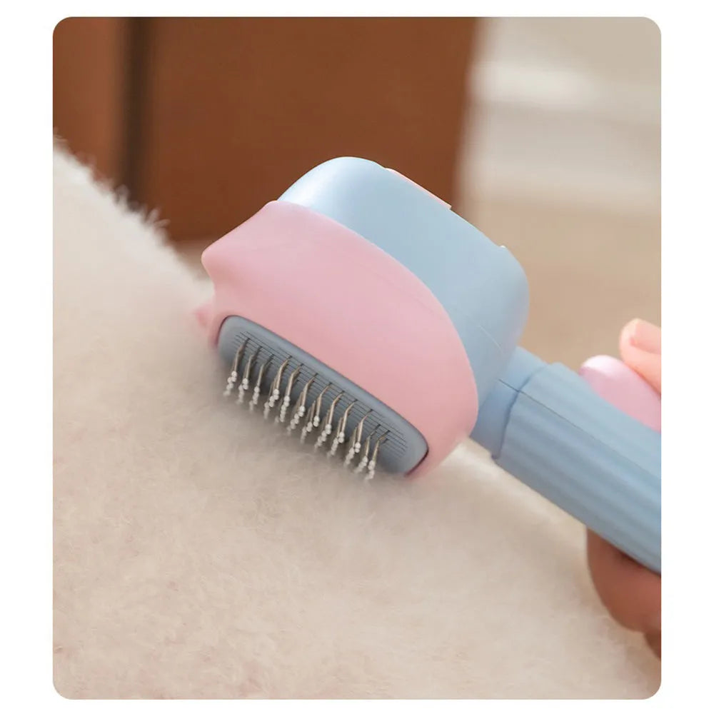 Blue and green double-sided pet grooming brush with deshedding rake and dematting comb.