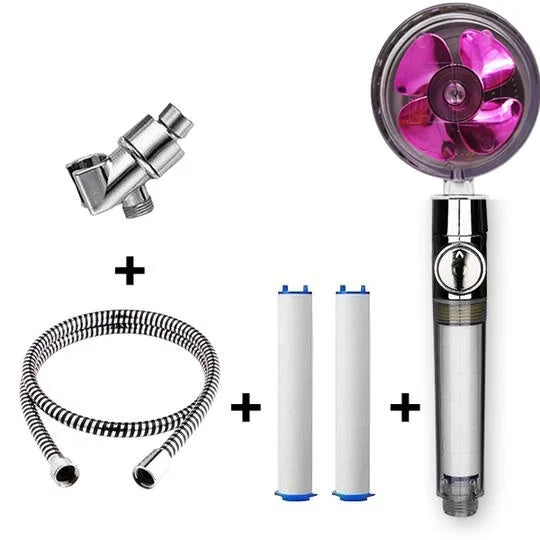 Blue handheld shower head with stop button and turbo nozzle on a chrome bracket.