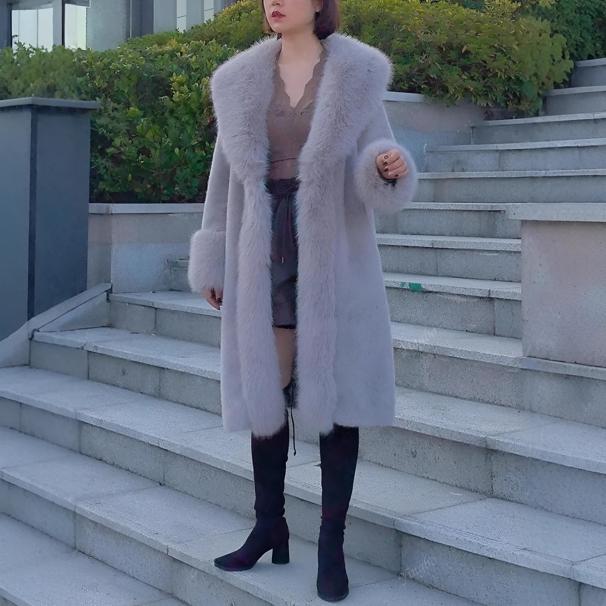 Women's grey thick faux fur mid-length coat with a matching fur collar.