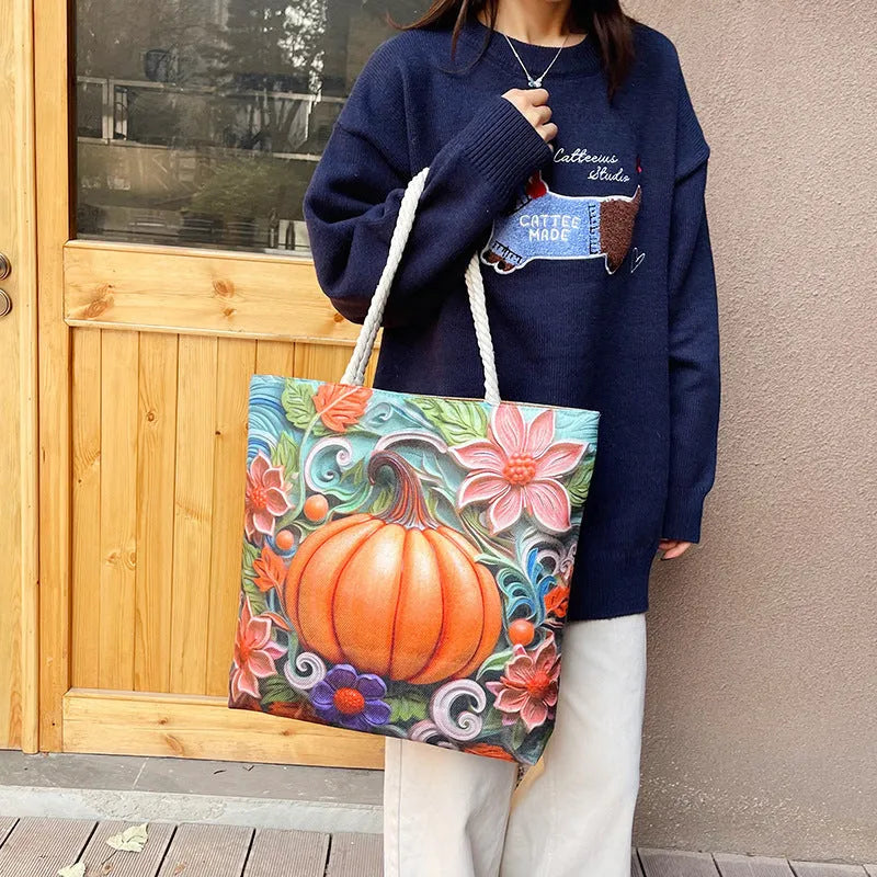 Horizontal square linen cotton canvas shoulder bag with double straps and interior zipper compartments