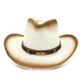 Paper straw cowboy beach hat with bell crown in khaki colour on neutral background