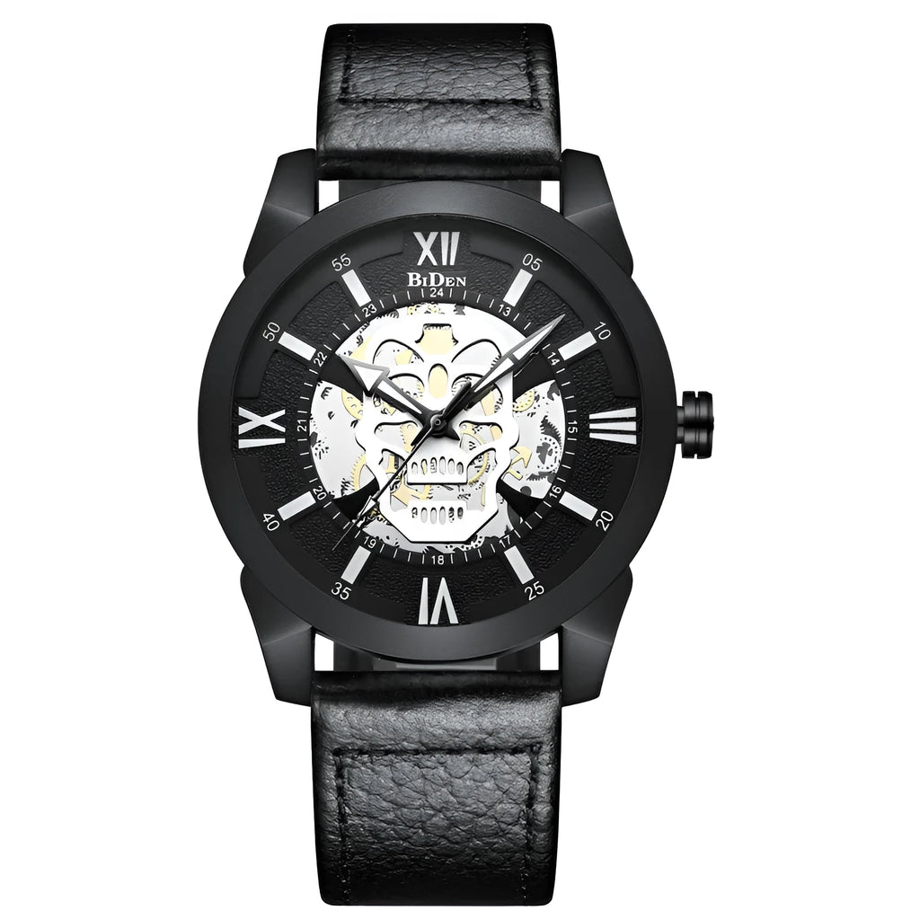 Men's hollow quartz watch with black strap showing calendar function