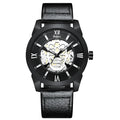 Men's hollow quartz watch with black strap showing calendar function