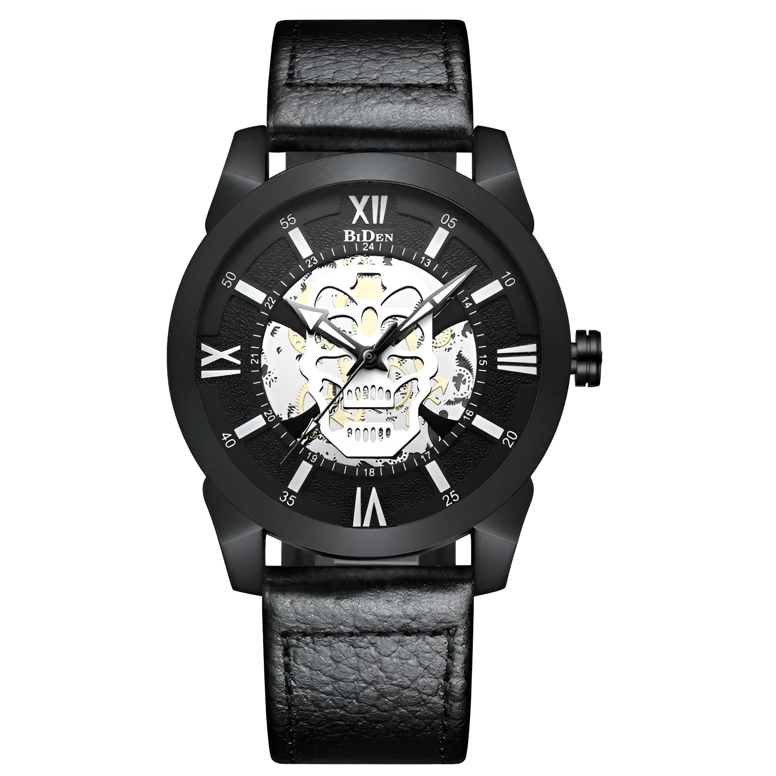Men's hollow quartz watch with black strap showing calendar function