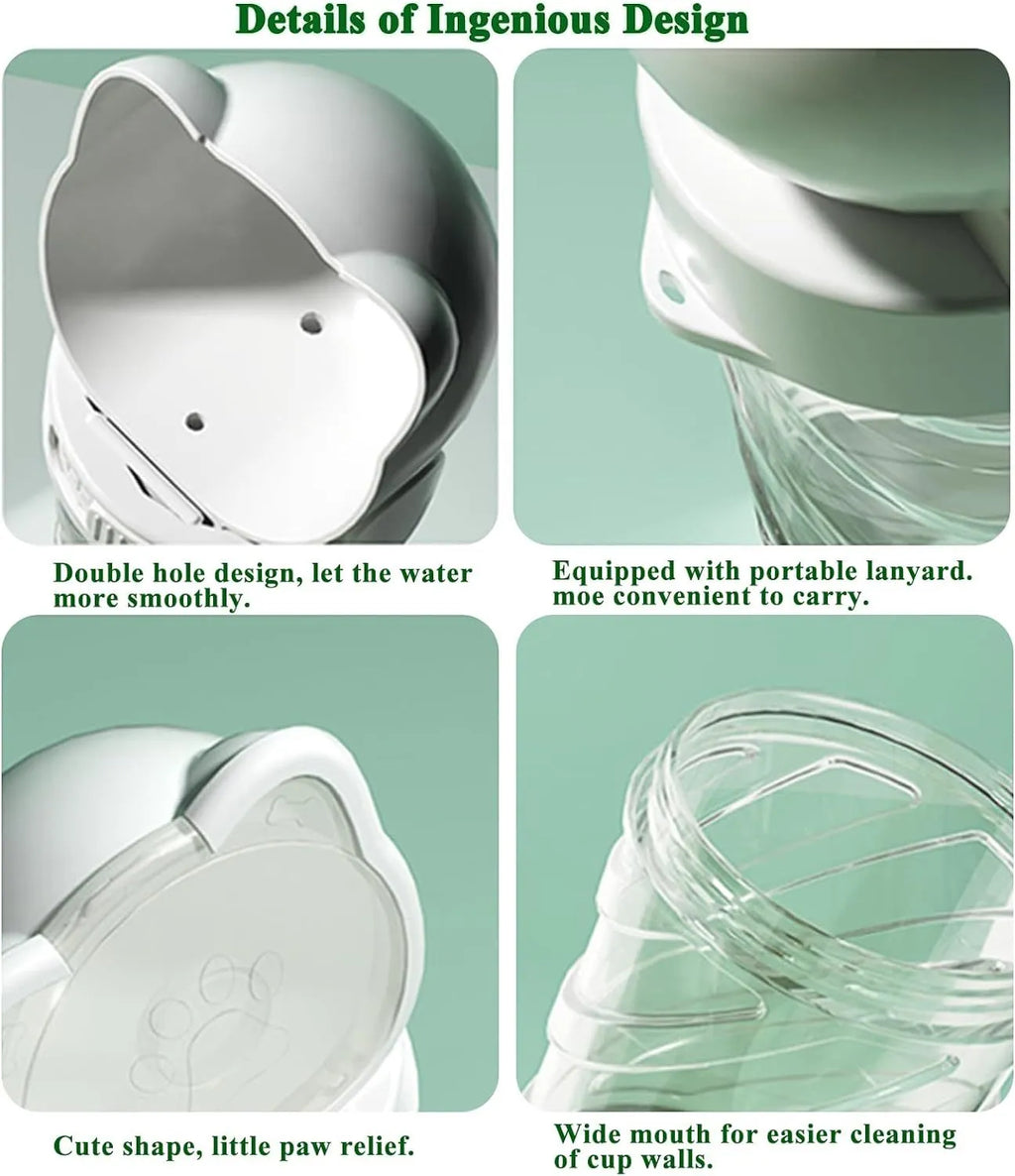 Green 3-in-1 portable pet water bottle with bowl, food container, and bag dispenser attached to a strap.