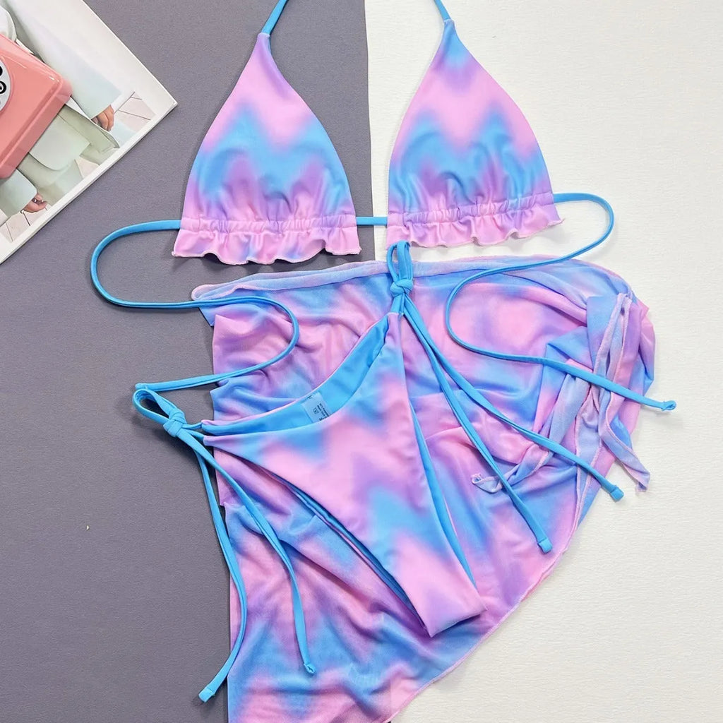 Women's split tie-dye swimsuit bikini set with skirt, bra, and panties for swimming