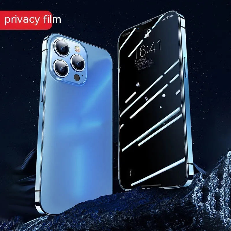 Tempered glass privacy screen protector for iPhone with frosted peep-proof finish and application sticker box.