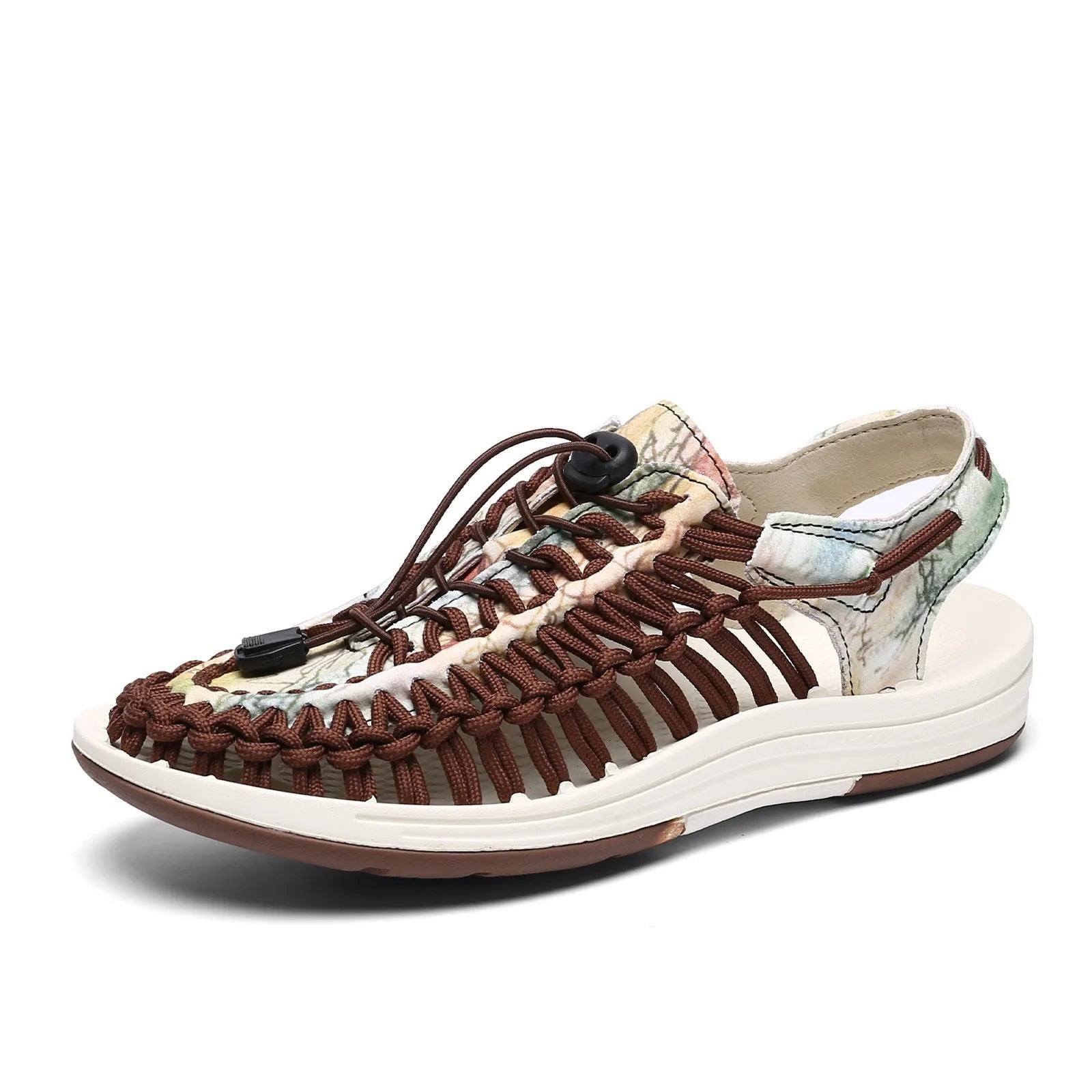 Woven sandals with an elastic drawstring tie closure in a rainbow colour option
