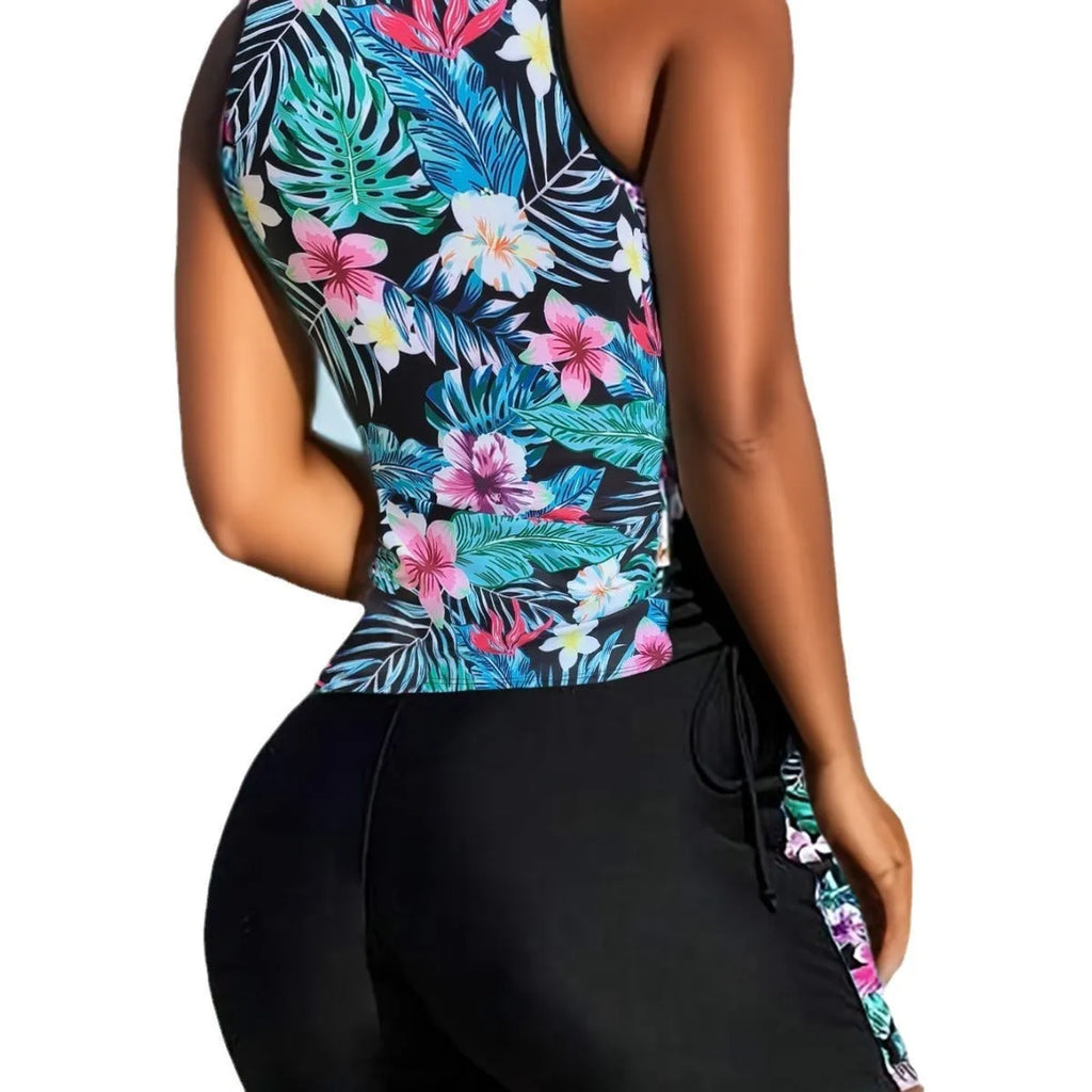 Plus size women's floral print bikini with high-waist briefs in navy blue