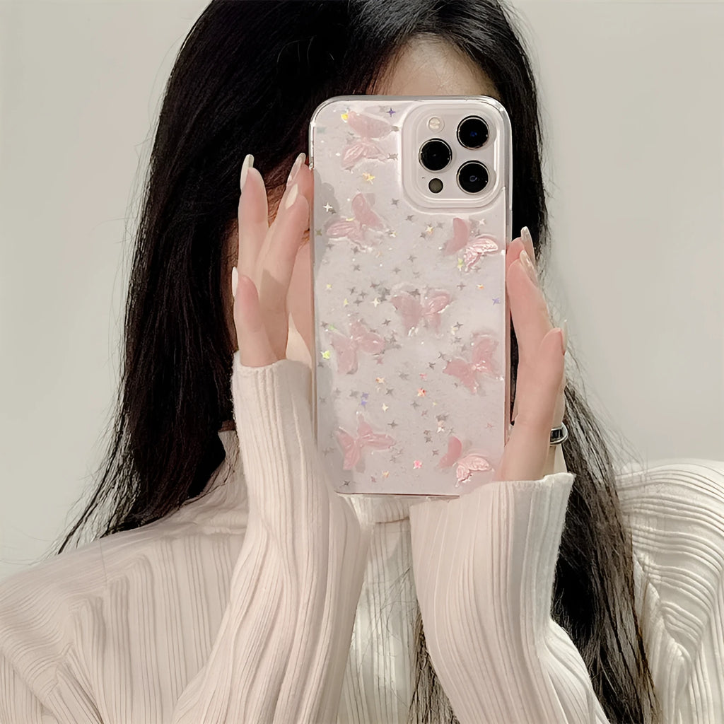 TPU back cover for iPhone 13 Pro Max with 3D dream pink butterfly design, transparent glue base, slim profile