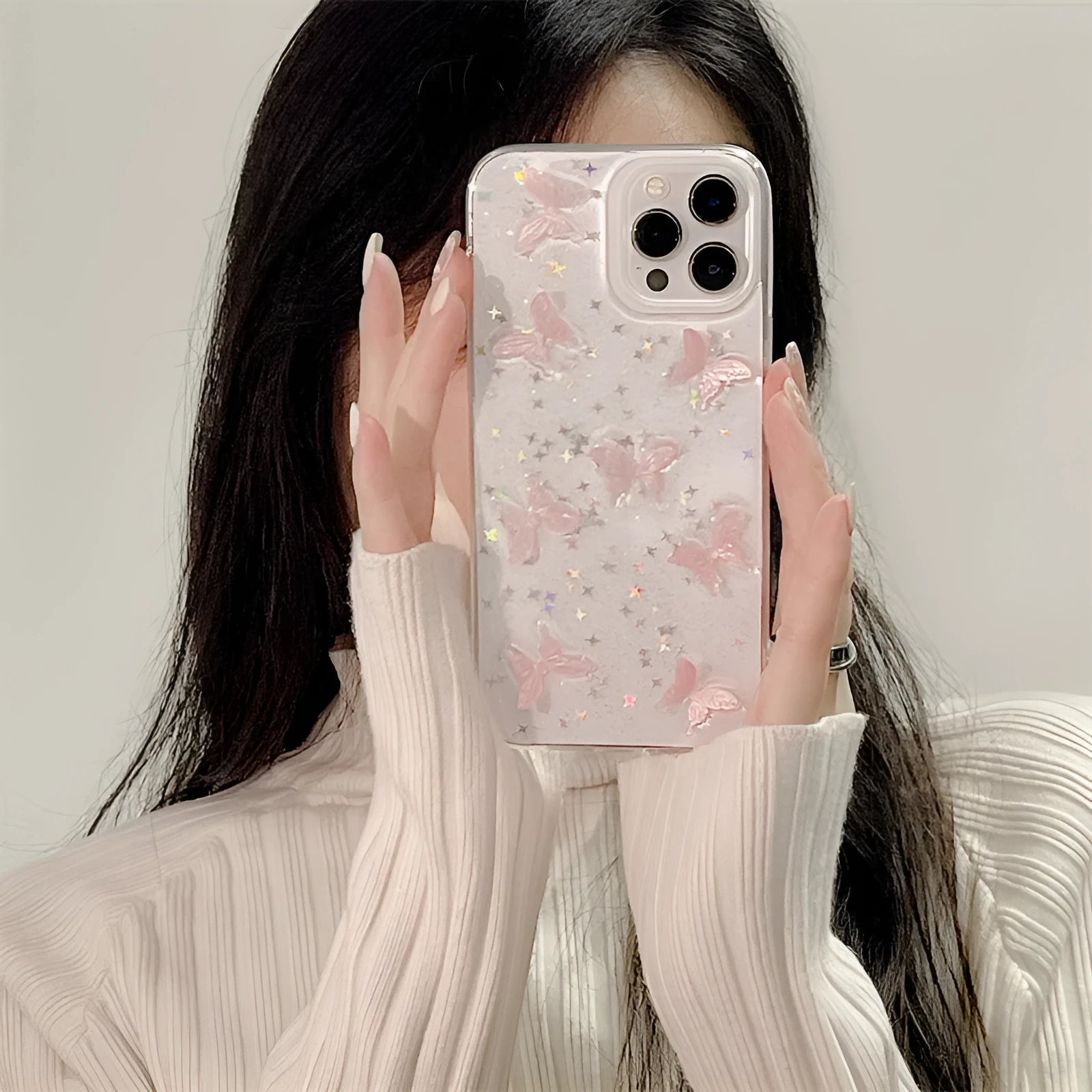 TPU back cover for iPhone 13 Pro Max with 3D dream pink butterfly design, transparent glue base, slim profile
