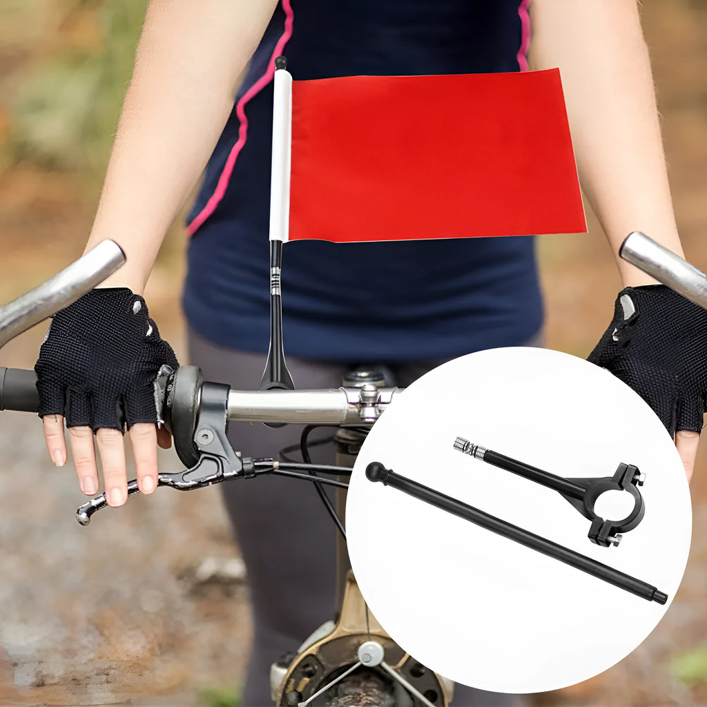Square polyester car flag attached to a white plastic handlebar flagpole.