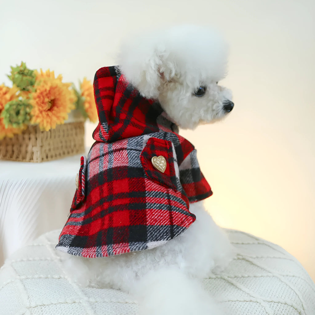 Red plaid trench coat for pets with size options from XS to XL for autumn and winter wear
