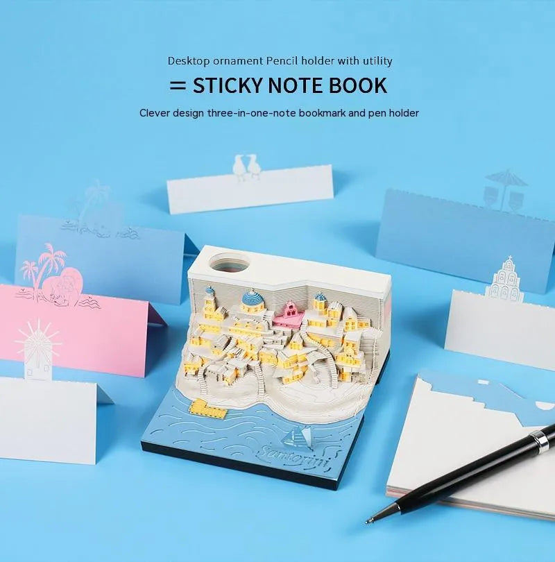 3D paper carving model of Santorini beach with LED lights, made from a notepad