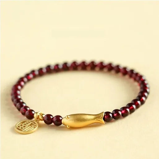 Chinese-style gourd bracelet with imitation garnet beads and Fu character symbols on U-shaped electroplated setting