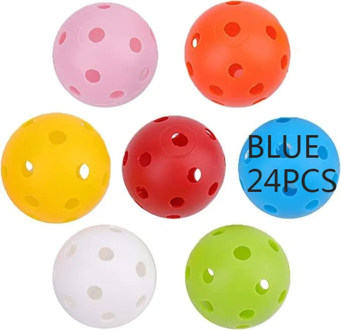 Multi-colour golf practice balls in red, orange, blue, green, white, and yellow shown in a net bag.