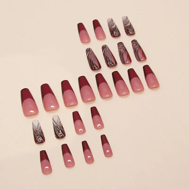W1620 French line pattern fake nails and glue on a white background