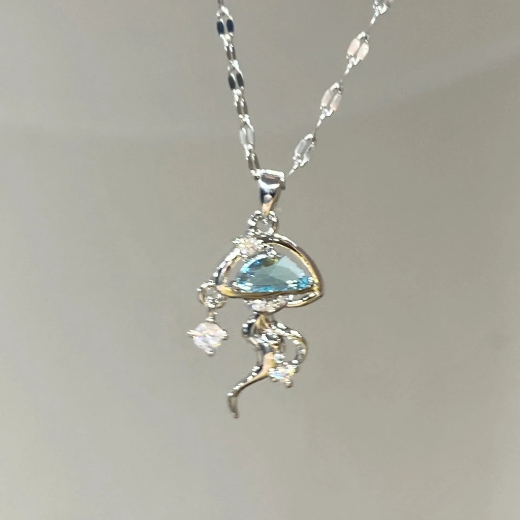 S925 sterling silver blue jellyfish necklace on adjustable chain with white gold colour finish