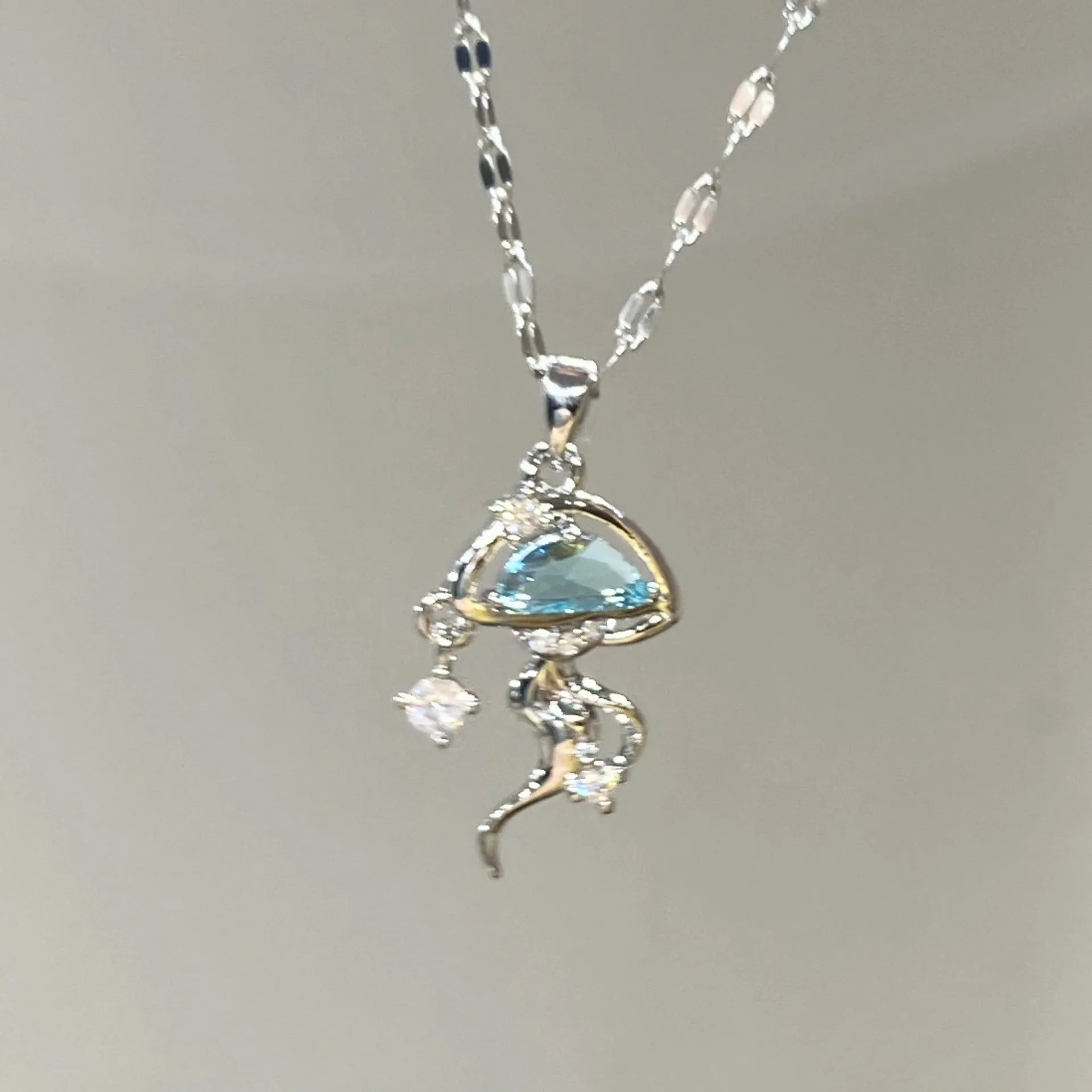 S925 sterling silver blue jellyfish necklace on adjustable chain with white gold colour finish
