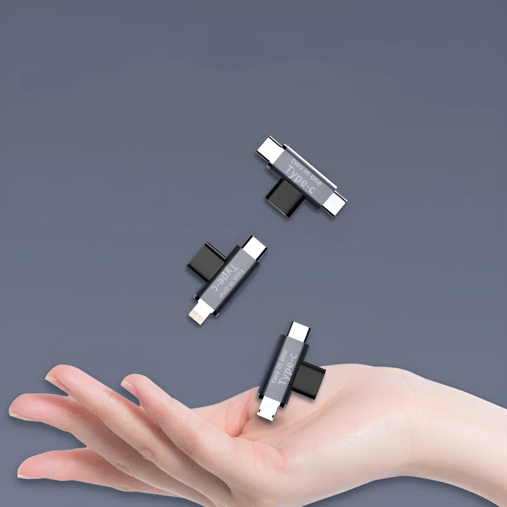 Aluminium alloy Type-C female to dual Type-C male T-type one-to-two adapter on white background