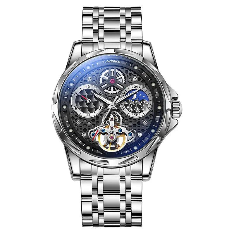 Automatic men's business watch with luminous hands on a steel bracelet.