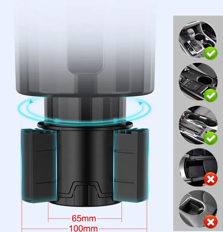 Matte black car cup holder expander with adjustable base for large bottles.