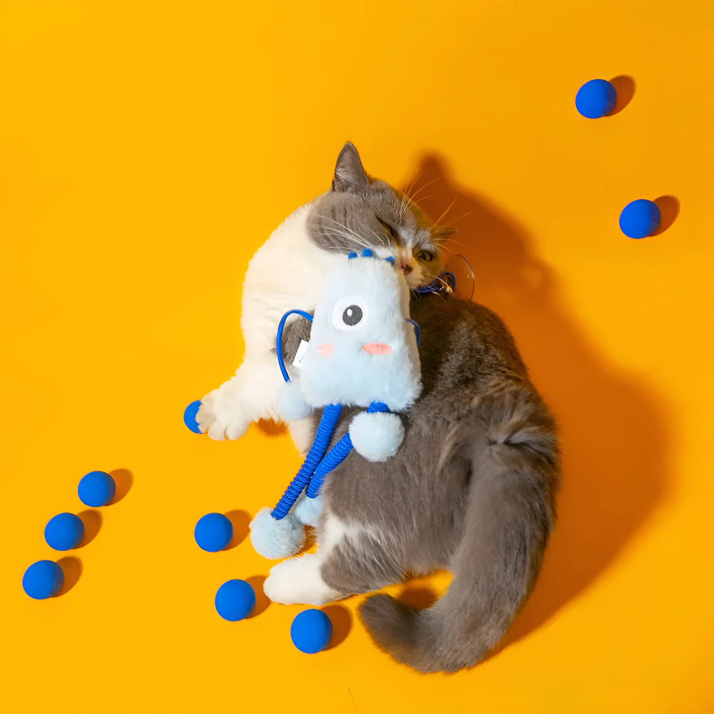 Blue plush cat toy ring on telescopic pole with mint bell, 30cm diameter