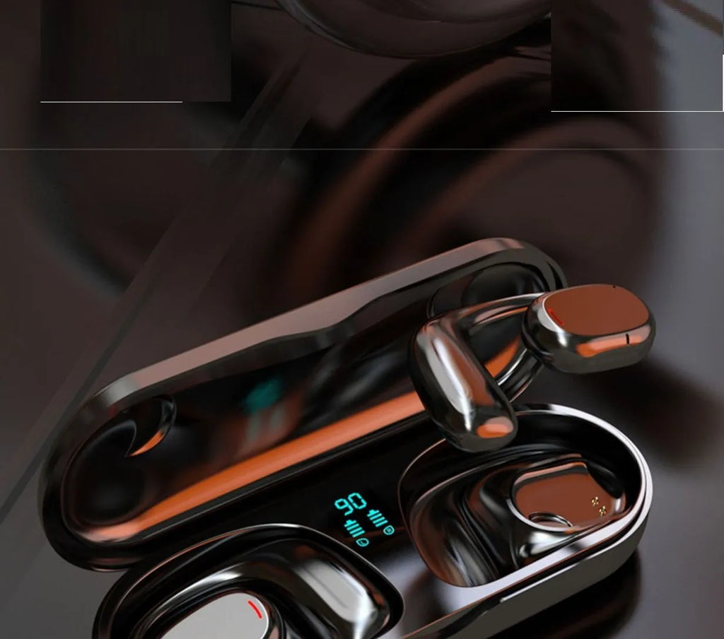 Black and white Bluetooth earplug headset with charging case showing bilateral stereo design