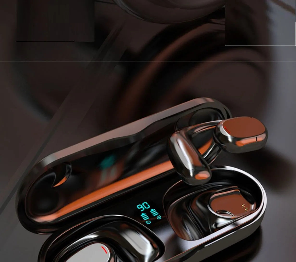 Black and white Bluetooth earplug headset with charging case showing bilateral stereo design