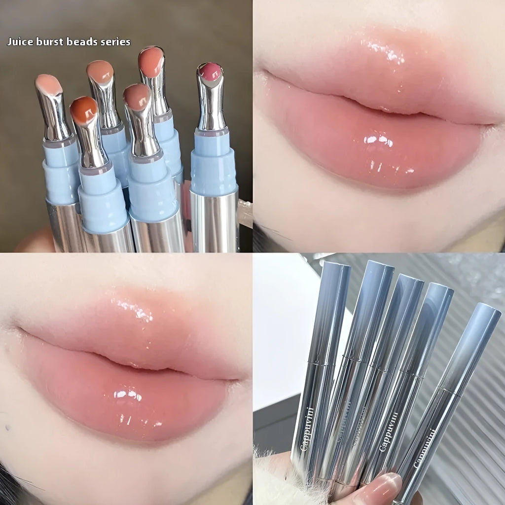 Mirror water light lip gloss lipstick in transparent fruit ice shade showing sheer glossy finish