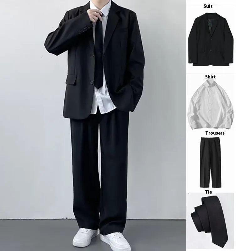 Plus size men's college style suit jacket and trousers ensemble with white shirt and tie