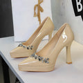 Patent leather platform stiletto pumps with ultra-high block heel, pointed toe, slip-on design, solid colour, sizes 34-40