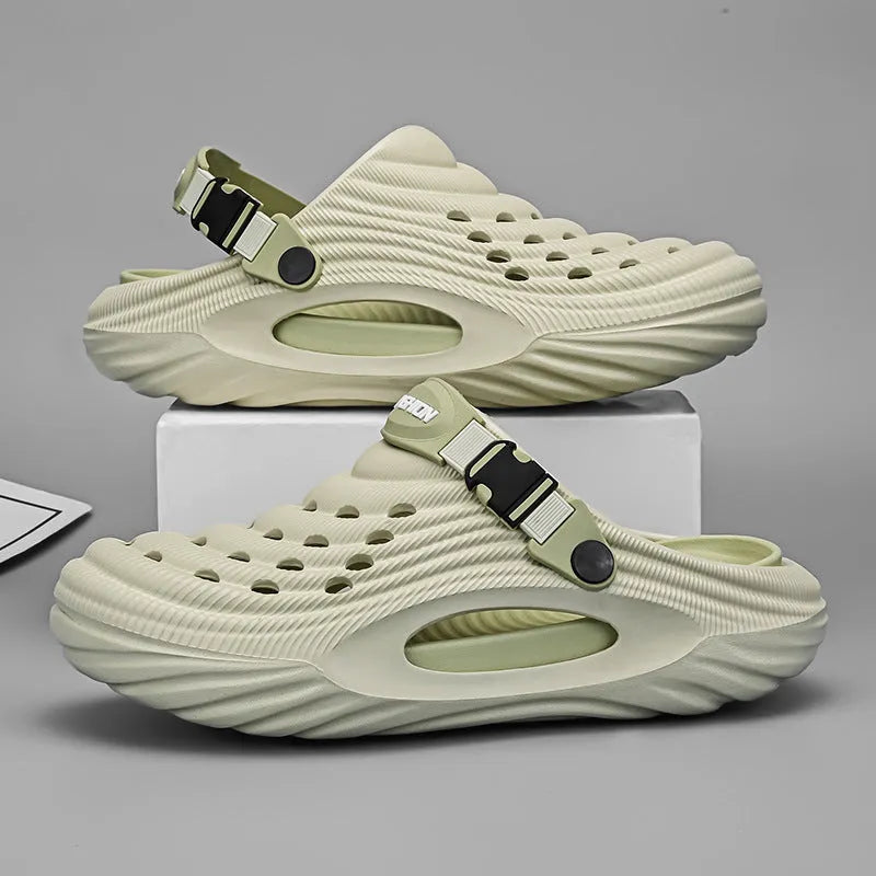 Men's solid colour EVA platform slippers with hollow-out design, shown in light green.